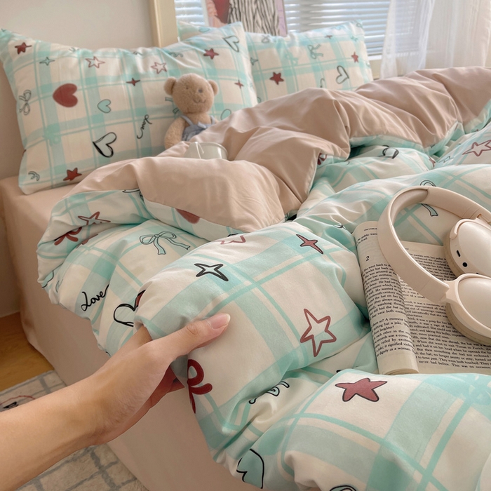 91家纺网 家纺一手货源 找家纺 星禾优选 2025新款A类仿棉四件套古法水洗棉小清新印花四件套单被套系列(提供买家秀) 薄荷奶咖