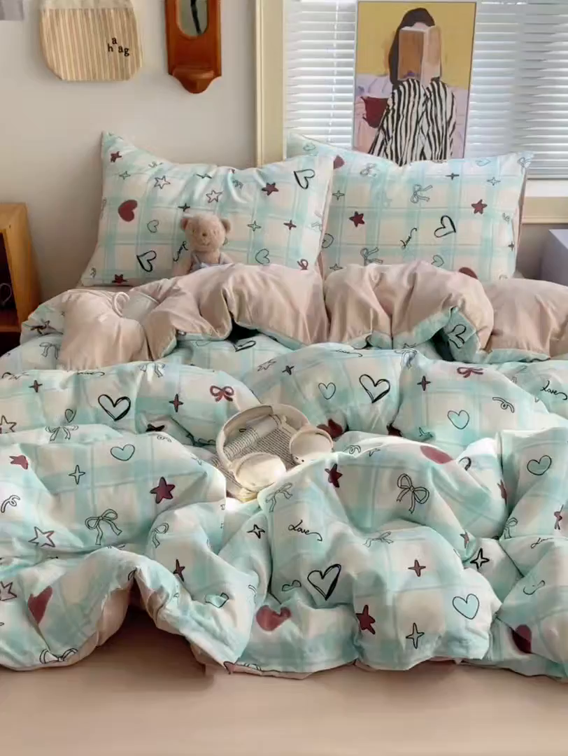 91家纺网 家纺一手货源 找家纺 星禾优选 2025新款A类仿棉四件套古法水洗棉小清新印花四件套单被套系列(提供买家秀) 薄荷奶咖