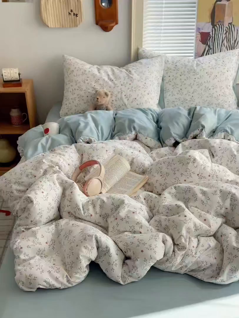 91家纺网 家纺一手货源 找家纺 星禾优选 2025新款A类仿棉四件套古法水洗棉小清新印花四件套单被套系列(提供买家秀) 粉意盎然