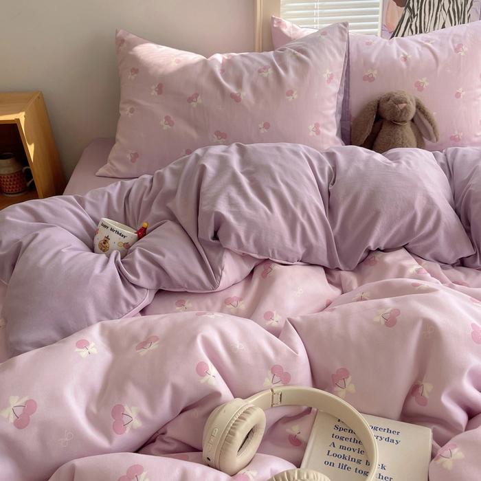 91家纺网 家纺一手货源 找家纺 星禾优选 2025新款A类仿棉四件套古法水洗棉小清新印花四件套单被套系列(提供买家秀) 粉欲樱桃