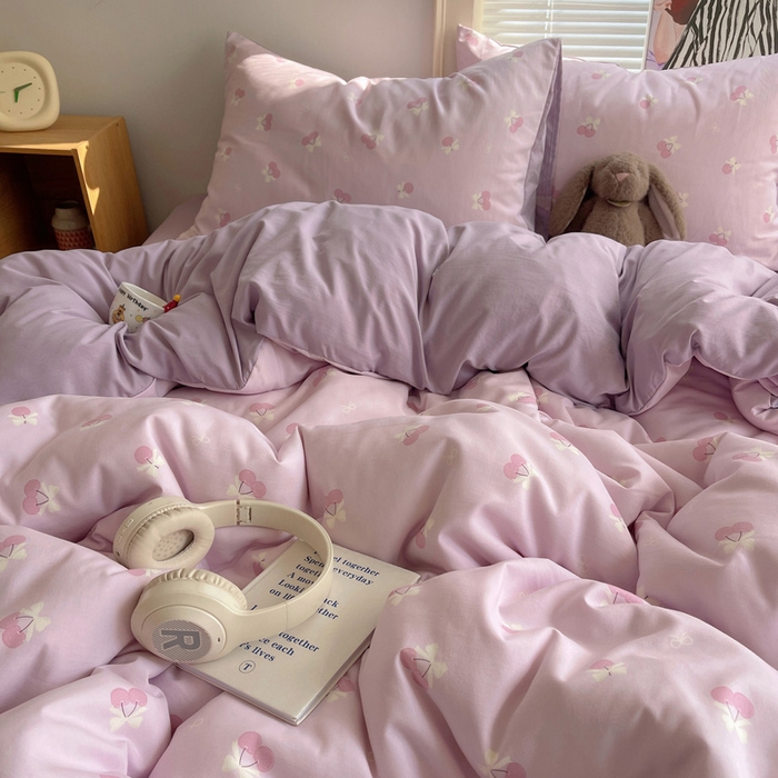 91家纺网 家纺一手货源 找家纺 星禾优选 2025新款A类仿棉四件套古法水洗棉小清新印花四件套单被套系列(提供买家秀) 粉欲樱桃