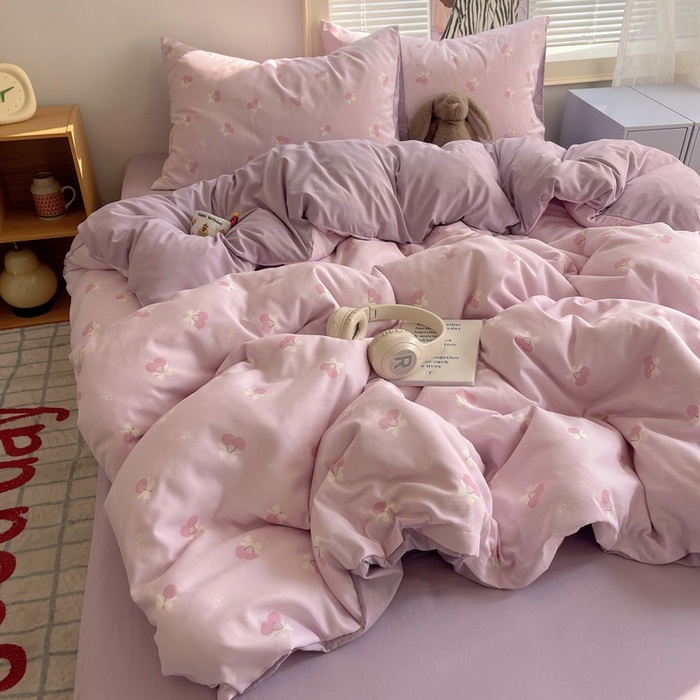 91家纺网 家纺一手货源 找家纺 星禾优选 2025新款A类仿棉四件套古法水洗棉小清新印花四件套单被套系列(提供买家秀) 粉欲樱桃