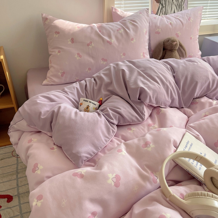 91家纺网 家纺一手货源 找家纺 星禾优选 2025新款A类仿棉四件套古法水洗棉小清新印花四件套单被套系列(提供买家秀) 粉欲樱桃