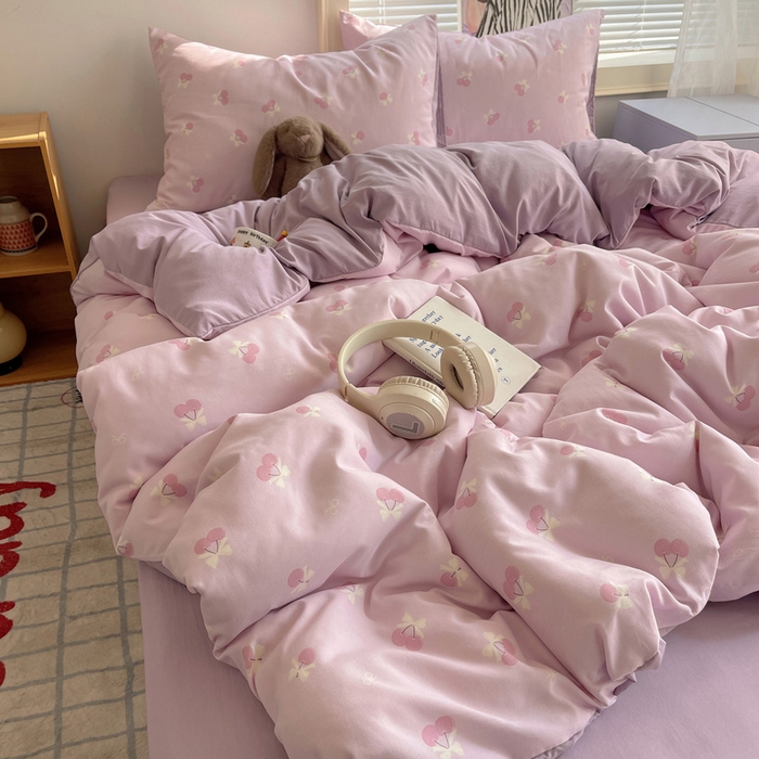 91家纺网 家纺一手货源 找家纺 星禾优选 2025新款A类仿棉四件套古法水洗棉小清新印花四件套单被套系列(提供买家秀) 粉欲樱桃