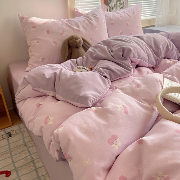 91家纺网 家纺一手货源 找家纺 星禾优选 2025新款A类仿棉四件套古法水洗棉小清新印花四件套单被套系列(提供买家秀) 粉欲樱桃