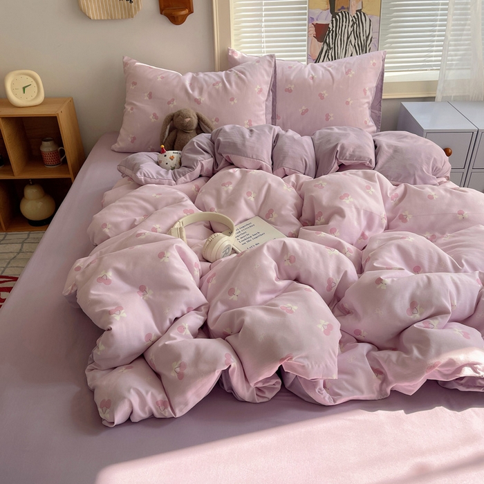 91家纺网 家纺一手货源 找家纺 星禾优选 2025新款A类仿棉四件套古法水洗棉小清新印花四件套单被套系列(提供买家秀) 粉欲樱桃