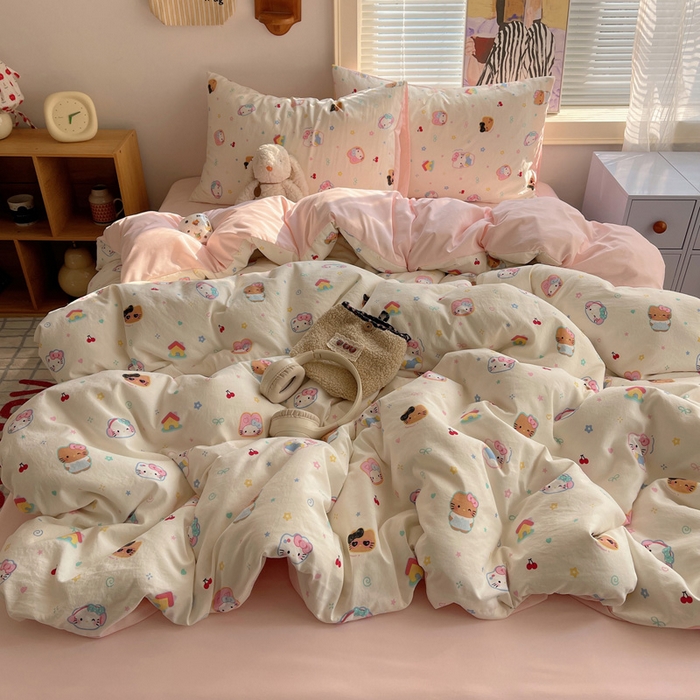 星禾优选 2025新款A类仿棉四件套古法水洗棉小清新印花四件套单被套系列(提供买家秀) 可爱饼干猫