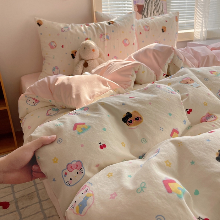 91家纺网 家纺一手货源 找家纺 星禾优选 2025新款A类仿棉四件套古法水洗棉小清新印花四件套单被套系列(提供买家秀) 可爱饼干猫