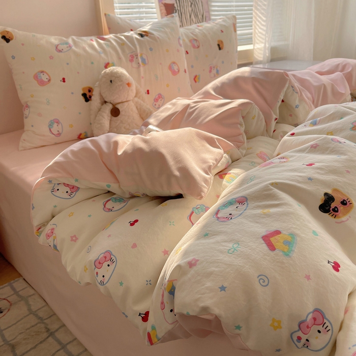 91家纺网 家纺一手货源 找家纺 星禾优选 2025新款A类仿棉四件套古法水洗棉小清新印花四件套单被套系列(提供买家秀) 可爱饼干猫