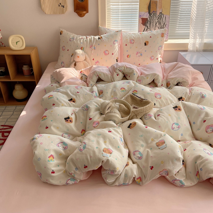 91家纺网 家纺一手货源 找家纺 星禾优选 2025新款A类仿棉四件套古法水洗棉小清新印花四件套单被套系列(提供买家秀) 可爱饼干猫