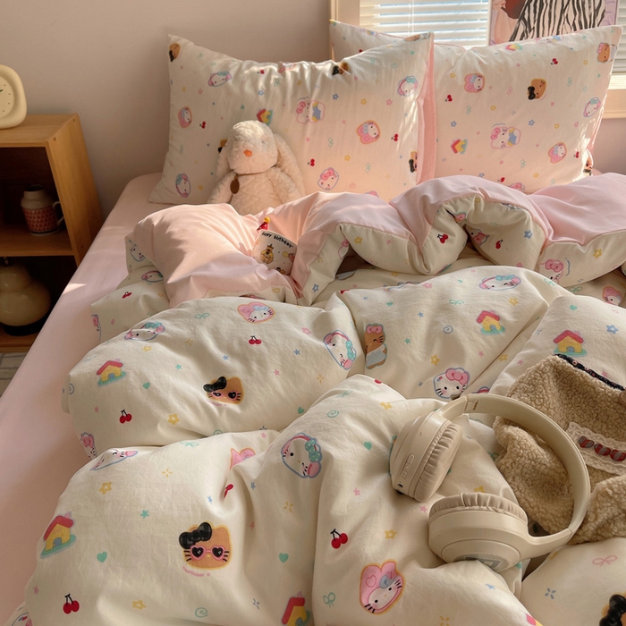 91家纺网 家纺一手货源 找家纺 星禾优选 2025新款A类仿棉四件套古法水洗棉小清新印花四件套单被套系列(提供买家秀) 可爱饼干猫