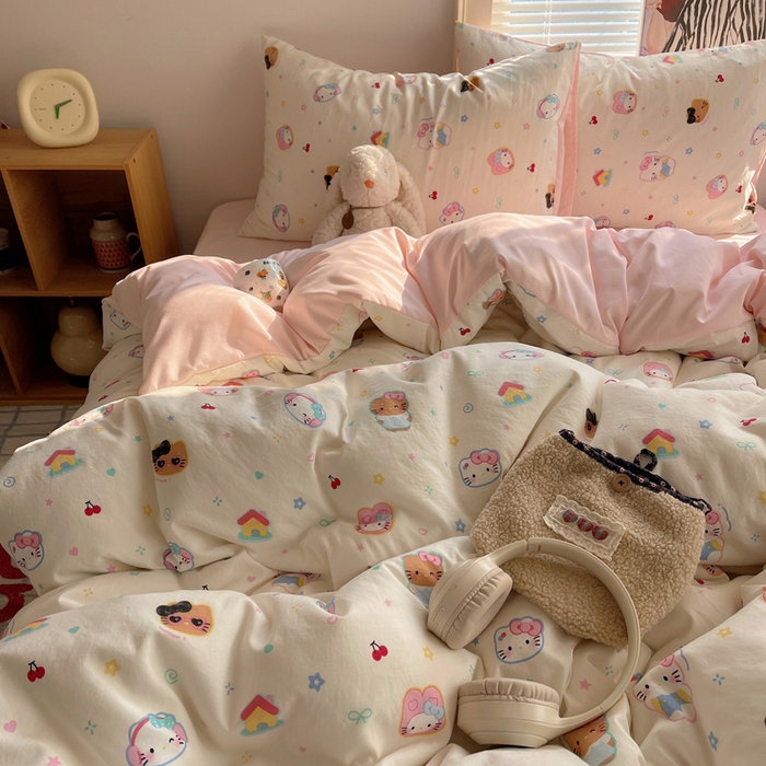 91家纺网 家纺一手货源 找家纺 星禾优选 2025新款A类仿棉四件套古法水洗棉小清新印花四件套单被套系列(提供买家秀) 可爱饼干猫