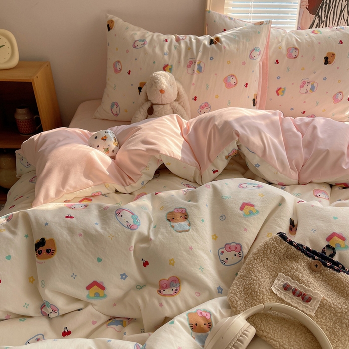 91家纺网 家纺一手货源 找家纺 星禾优选 2025新款A类仿棉四件套古法水洗棉小清新印花四件套单被套系列(提供买家秀) 可爱饼干猫