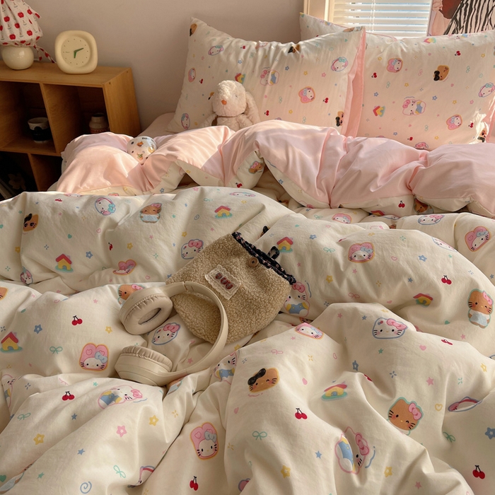 91家纺网 家纺一手货源 找家纺 星禾优选 2025新款A类仿棉四件套古法水洗棉小清新印花四件套单被套系列(提供买家秀) 可爱饼干猫