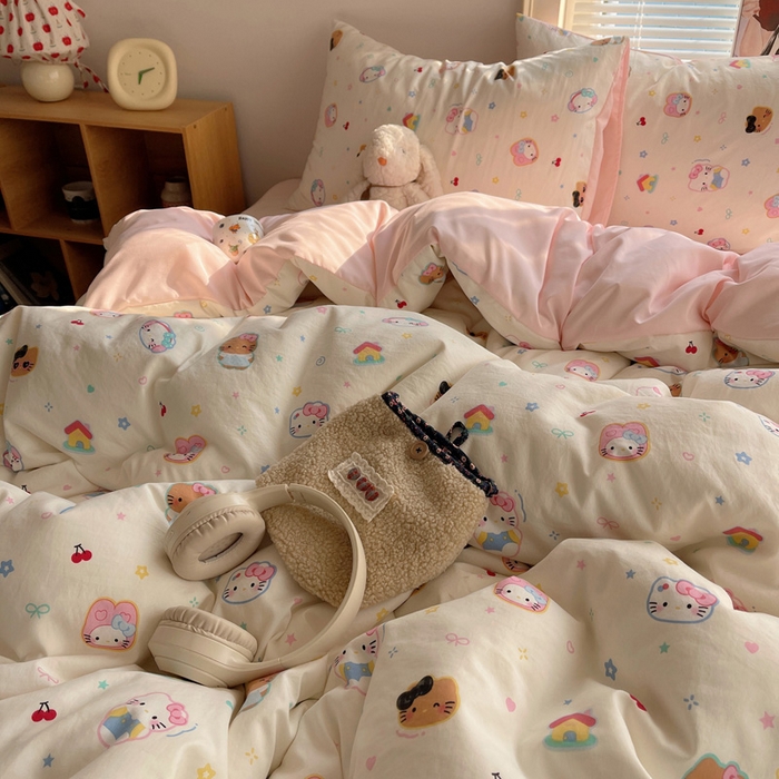 91家纺网 家纺一手货源 找家纺 星禾优选 2025新款A类仿棉四件套古法水洗棉小清新印花四件套单被套系列(提供买家秀) 可爱饼干猫