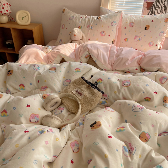 91家纺网 家纺一手货源 找家纺 星禾优选 2025新款A类仿棉四件套古法水洗棉小清新印花四件套单被套系列(提供买家秀) 可爱饼干猫