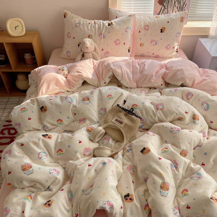 91家纺网 家纺一手货源 找家纺 星禾优选 2025新款A类仿棉四件套古法水洗棉小清新印花四件套单被套系列(提供买家秀) 可爱饼干猫