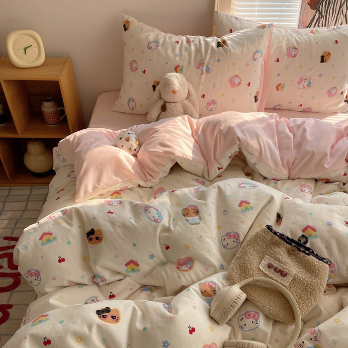91家纺网 家纺一手货源 找家纺 星禾优选 2025新款A类仿棉四件套古法水洗棉小清新印花四件套单被套系列(提供买家秀) 可爱饼干猫