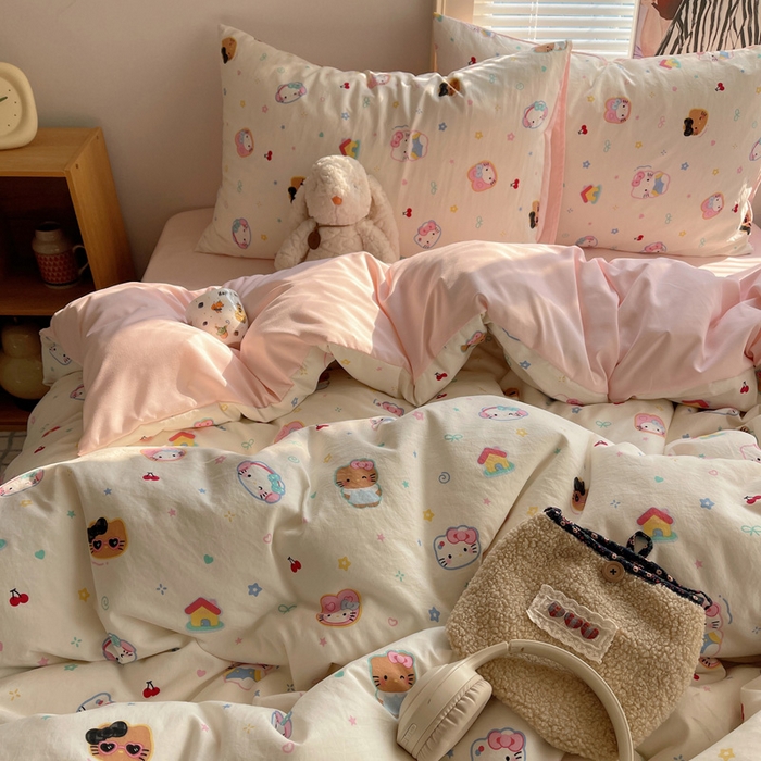 91家纺网 家纺一手货源 找家纺 星禾优选 2025新款A类仿棉四件套古法水洗棉小清新印花四件套单被套系列(提供买家秀) 可爱饼干猫