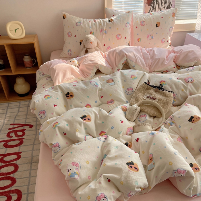 91家纺网 家纺一手货源 找家纺 星禾优选 2025新款A类仿棉四件套古法水洗棉小清新印花四件套单被套系列(提供买家秀) 可爱饼干猫