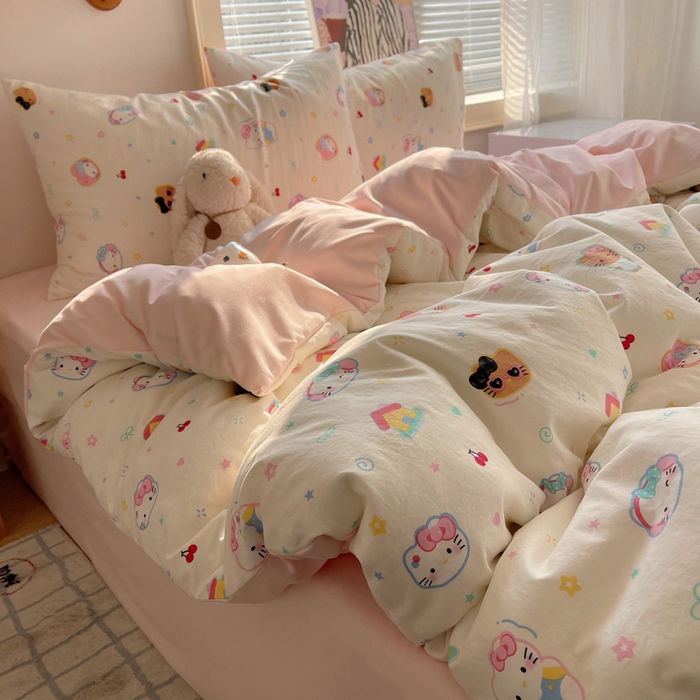 91家纺网 家纺一手货源 找家纺 星禾优选 2025新款A类仿棉四件套古法水洗棉小清新印花四件套单被套系列(提供买家秀) 可爱饼干猫