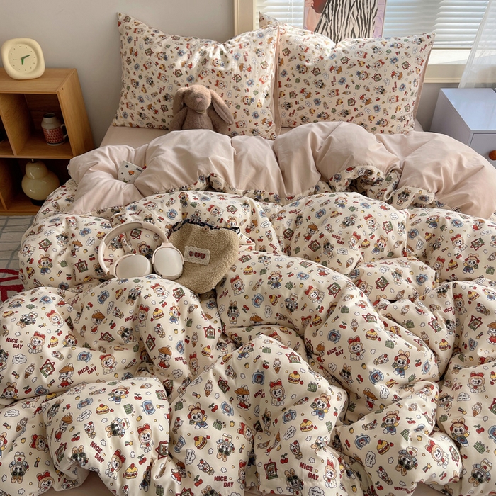 91家纺网 家纺一手货源 找家纺 星禾优选 2025新款A类仿棉四件套古法水洗棉小清新印花四件套单被套系列(提供买家秀) 栗子可可