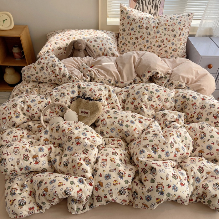 91家纺网 家纺一手货源 找家纺 星禾优选 2025新款A类仿棉四件套古法水洗棉小清新印花四件套单被套系列(提供买家秀) 栗子可可