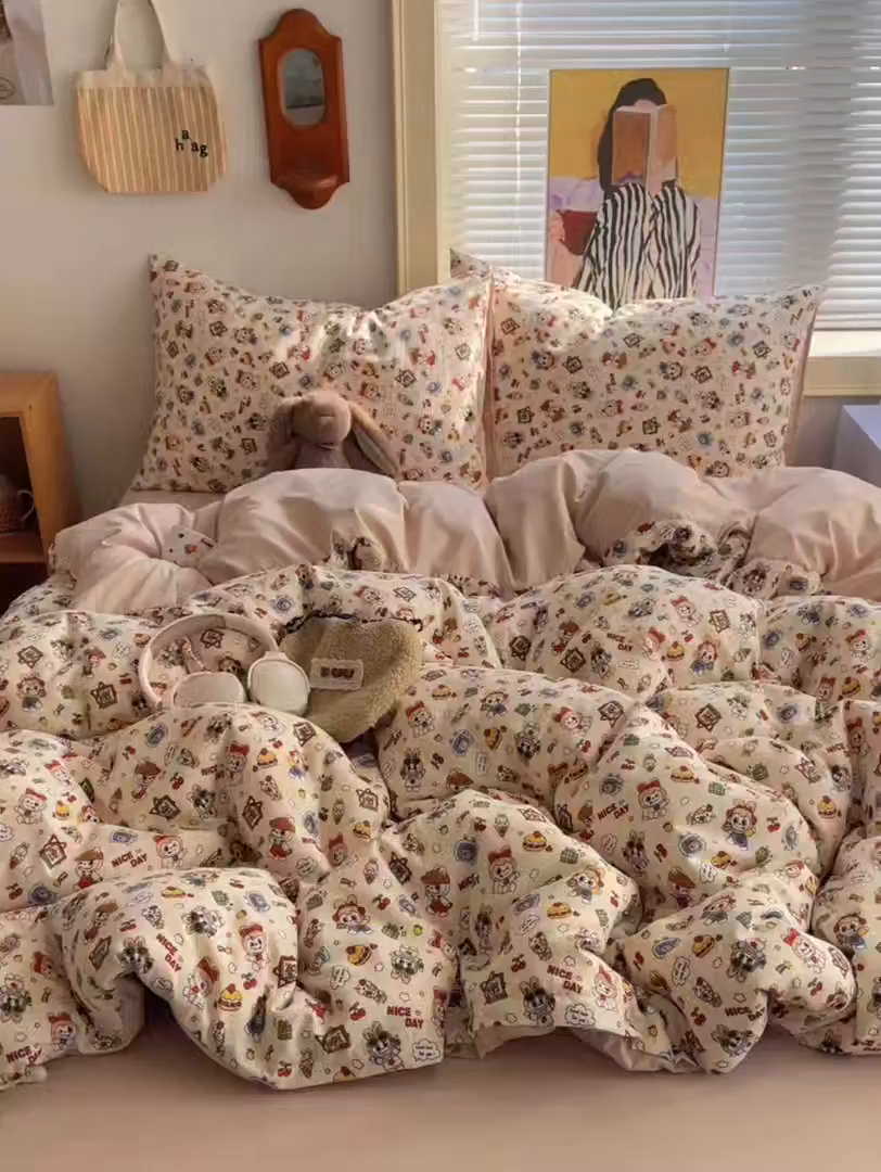 91家纺网 家纺一手货源 找家纺 星禾优选 2025新款A类仿棉四件套古法水洗棉小清新印花四件套单被套系列(提供买家秀) 栗子可可