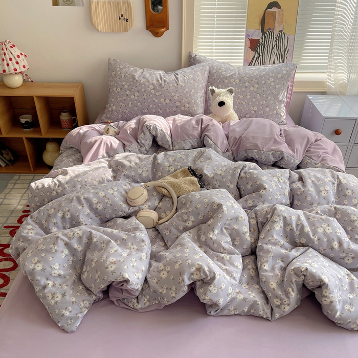 星禾优选 2025新款A类仿棉四件套古法水洗棉小清新印花四件套单被套系列(提供买家秀) 木槿-紫