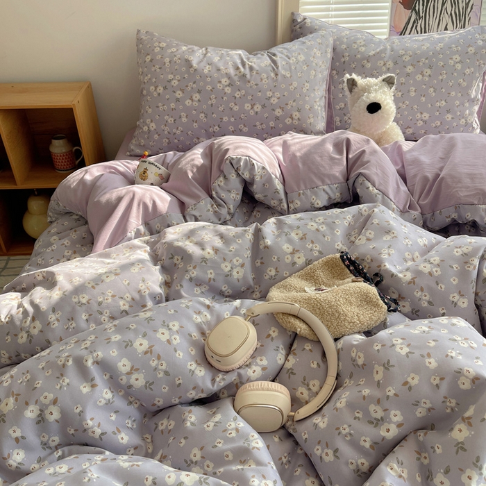 91家纺网 家纺一手货源 找家纺 星禾优选 2025新款A类仿棉四件套古法水洗棉小清新印花四件套单被套系列(提供买家秀) 木槿-紫