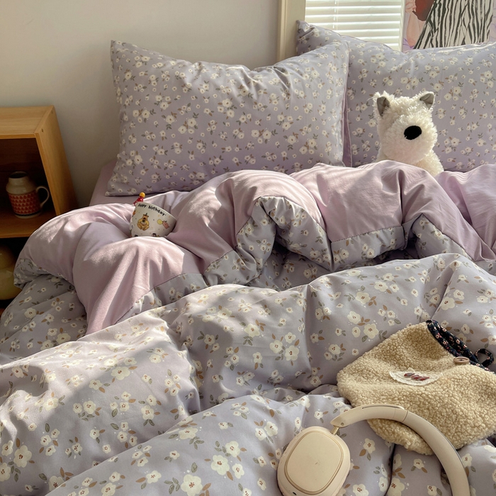 91家纺网 家纺一手货源 找家纺 星禾优选 2025新款A类仿棉四件套古法水洗棉小清新印花四件套单被套系列(提供买家秀) 木槿-紫