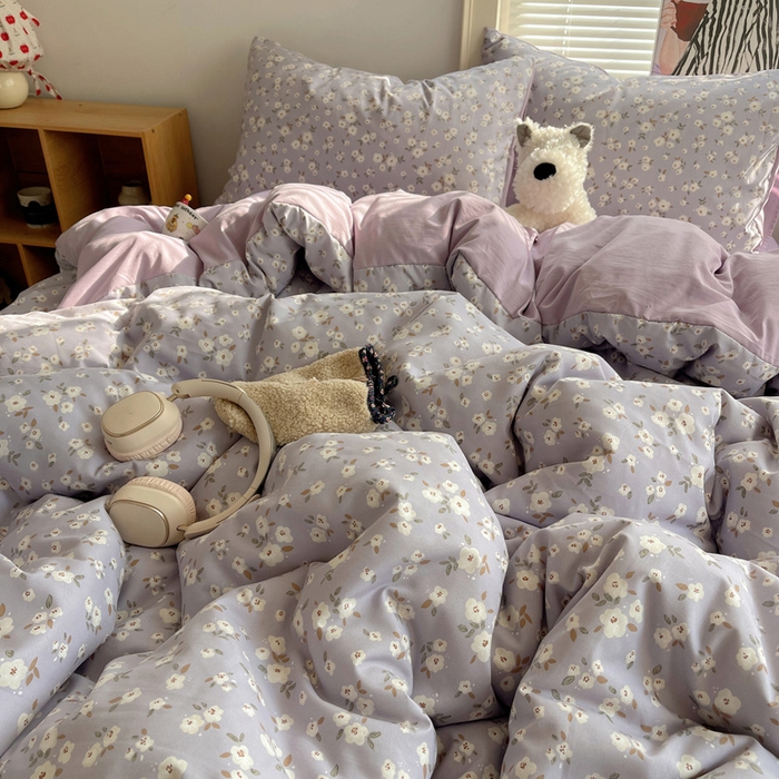 91家纺网 家纺一手货源 找家纺 星禾优选 2025新款A类仿棉四件套古法水洗棉小清新印花四件套单被套系列(提供买家秀) 木槿-紫