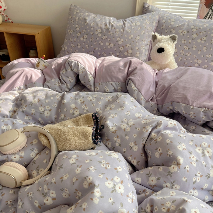 91家纺网 家纺一手货源 找家纺 星禾优选 2025新款A类仿棉四件套古法水洗棉小清新印花四件套单被套系列(提供买家秀) 木槿-紫