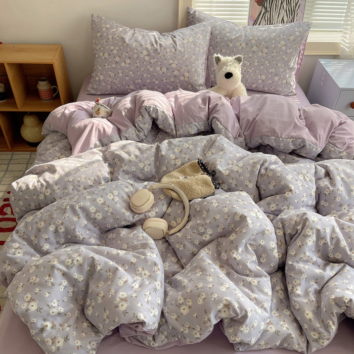 91家纺网 家纺一手货源 找家纺 星禾优选 2025新款A类仿棉四件套古法水洗棉小清新印花四件套单被套系列(提供买家秀) 木槿-紫