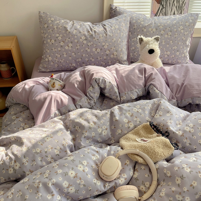 91家纺网 家纺一手货源 找家纺 星禾优选 2025新款A类仿棉四件套古法水洗棉小清新印花四件套单被套系列(提供买家秀) 木槿-紫