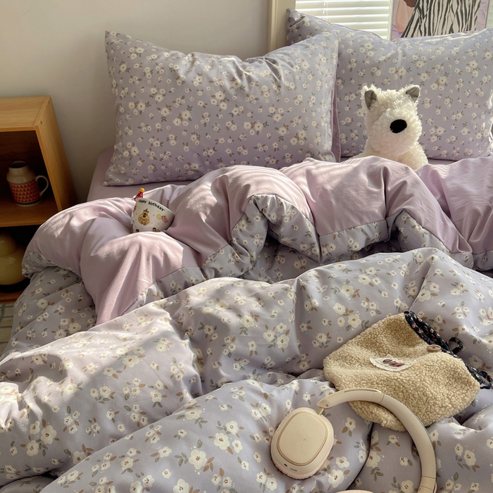 91家纺网 家纺一手货源 找家纺 星禾优选 2025新款A类仿棉四件套古法水洗棉小清新印花四件套单被套系列(提供买家秀) 木槿-紫