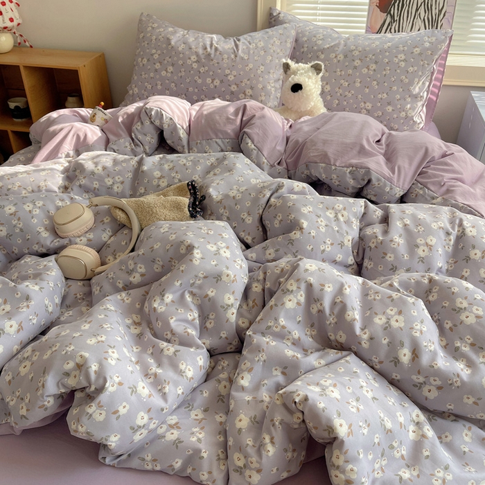 91家纺网 家纺一手货源 找家纺 星禾优选 2025新款A类仿棉四件套古法水洗棉小清新印花四件套单被套系列(提供买家秀) 木槿-紫