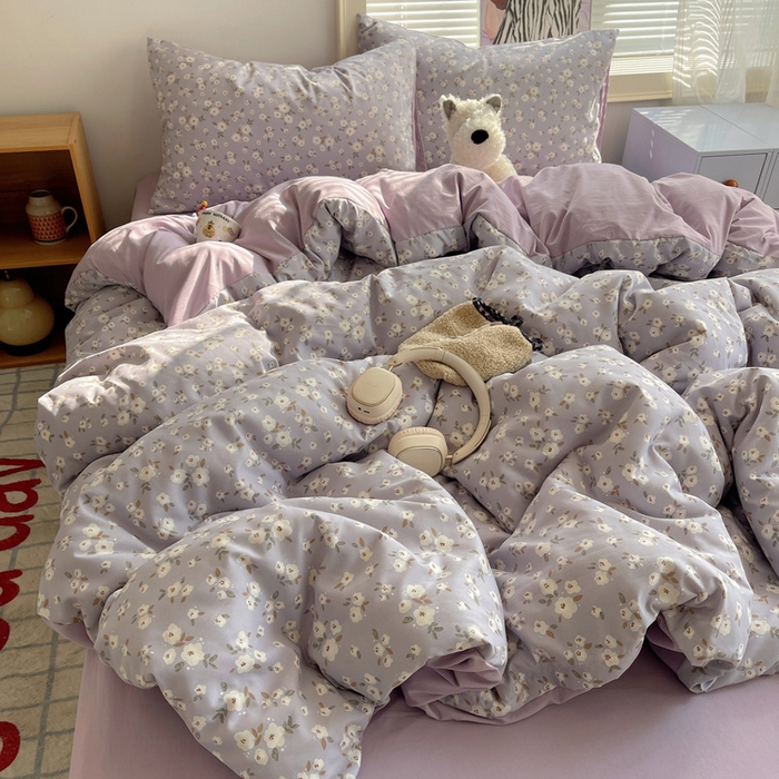 91家纺网 家纺一手货源 找家纺 星禾优选 2025新款A类仿棉四件套古法水洗棉小清新印花四件套单被套系列(提供买家秀) 木槿-紫