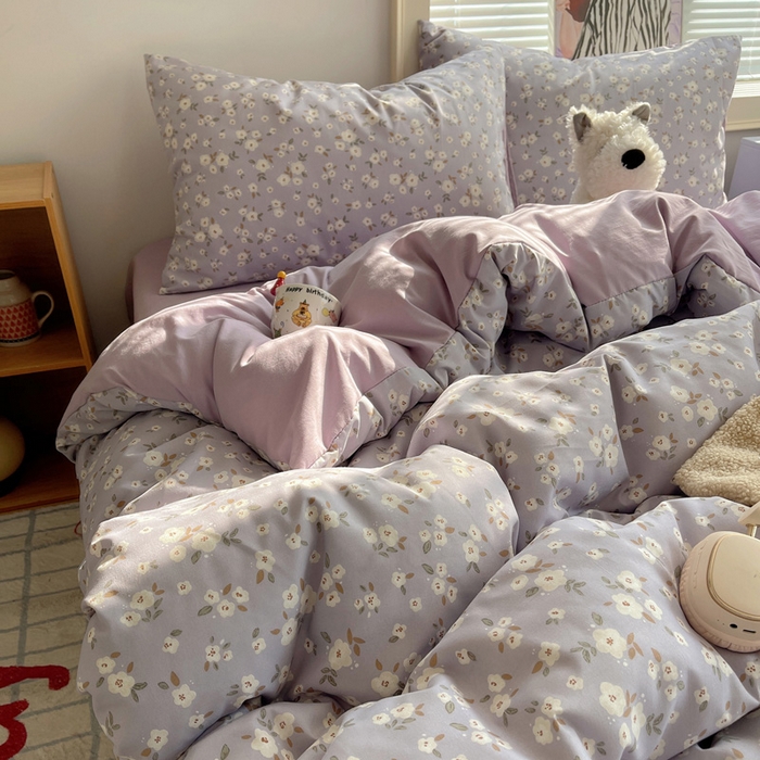 91家纺网 家纺一手货源 找家纺 星禾优选 2025新款A类仿棉四件套古法水洗棉小清新印花四件套单被套系列(提供买家秀) 木槿-紫