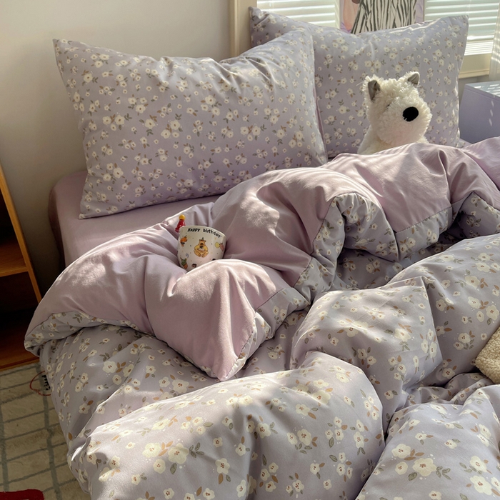 91家纺网 家纺一手货源 找家纺 星禾优选 2025新款A类仿棉四件套古法水洗棉小清新印花四件套单被套系列(提供买家秀) 木槿-紫