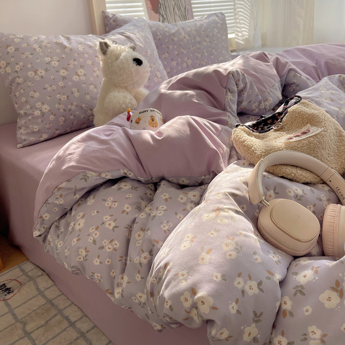 91家纺网 家纺一手货源 找家纺 星禾优选 2025新款A类仿棉四件套古法水洗棉小清新印花四件套单被套系列(提供买家秀) 木槿-紫