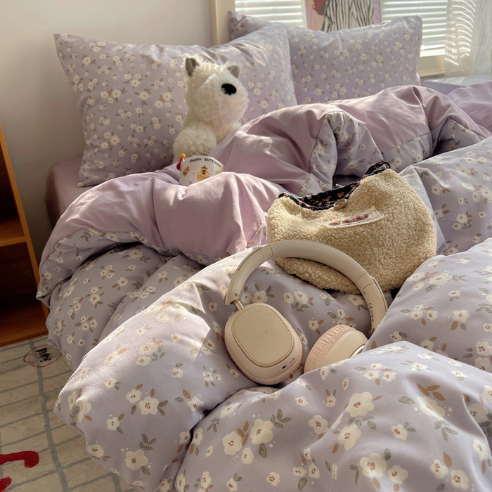 91家纺网 家纺一手货源 找家纺 星禾优选 2025新款A类仿棉四件套古法水洗棉小清新印花四件套单被套系列(提供买家秀) 木槿-紫