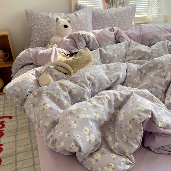 91家纺网 家纺一手货源 找家纺 星禾优选 2025新款A类仿棉四件套古法水洗棉小清新印花四件套单被套系列(提供买家秀) 木槿-紫