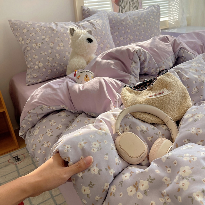 91家纺网 家纺一手货源 找家纺 星禾优选 2025新款A类仿棉四件套古法水洗棉小清新印花四件套单被套系列(提供买家秀) 木槿-紫