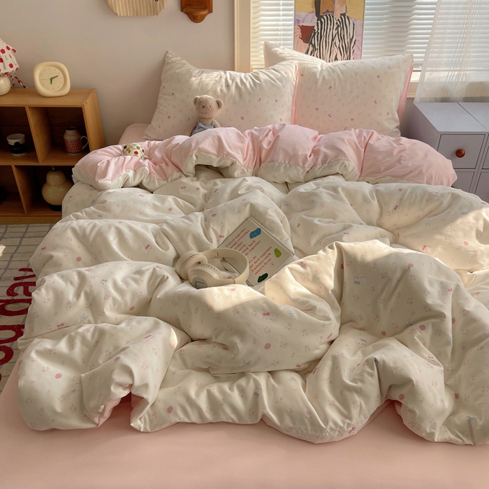 星禾优选 2025新款A类仿棉四件套古法水洗棉小清新印花四件套单被套系列(提供买家秀) 奶皮猫-米