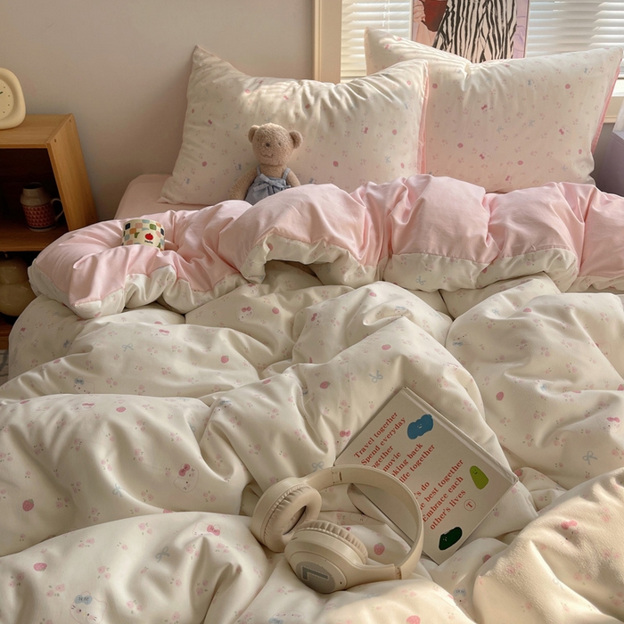 91家纺网 家纺一手货源 找家纺 星禾优选 2025新款A类仿棉四件套古法水洗棉小清新印花四件套单被套系列(提供买家秀) 奶皮猫-米