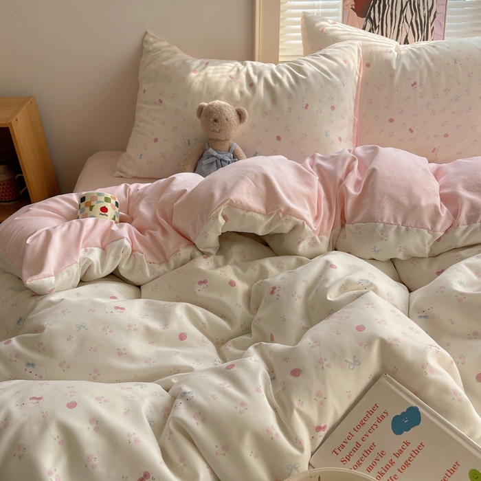 91家纺网 家纺一手货源 找家纺 星禾优选 2025新款A类仿棉四件套古法水洗棉小清新印花四件套单被套系列(提供买家秀) 奶皮猫-米