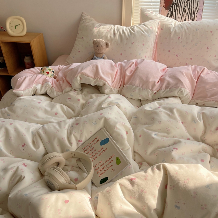 91家纺网 家纺一手货源 找家纺 星禾优选 2025新款A类仿棉四件套古法水洗棉小清新印花四件套单被套系列(提供买家秀) 奶皮猫-米