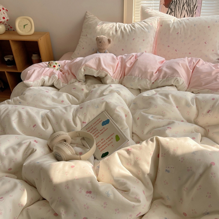 91家纺网 家纺一手货源 找家纺 星禾优选 2025新款A类仿棉四件套古法水洗棉小清新印花四件套单被套系列(提供买家秀) 奶皮猫-米