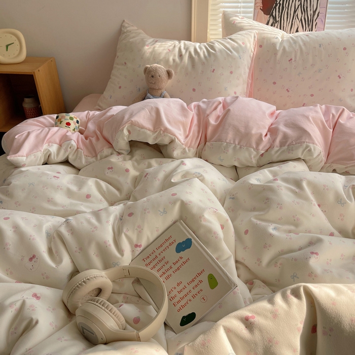 91家纺网 家纺一手货源 找家纺 星禾优选 2025新款A类仿棉四件套古法水洗棉小清新印花四件套单被套系列(提供买家秀) 奶皮猫-米